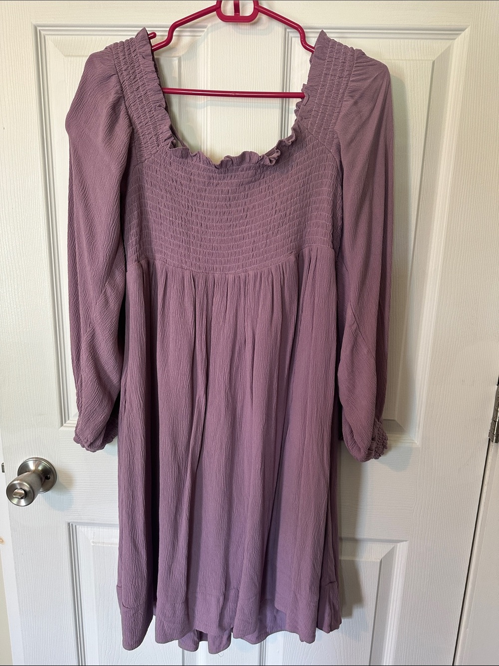 Purple Smocked Yoke Long Sleeve Dress